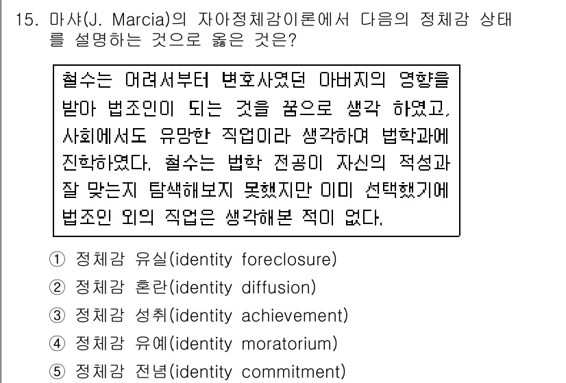 사회복지사_1급(1교시) 2018년 15번 - J. Marcia의 정체성 발달 이론에서, 정체성 혼돈 상태는 개인이 고... 에 관한 핵심 기출문제