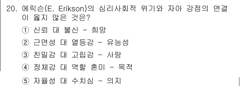 사회복지사_1급(1교시) 2018년 20번 - ) 자율감 대 수치심 - 의지

에릭슨의 이론에서 자율감과 수치심은 초기... 에 관한 핵심 기출문제