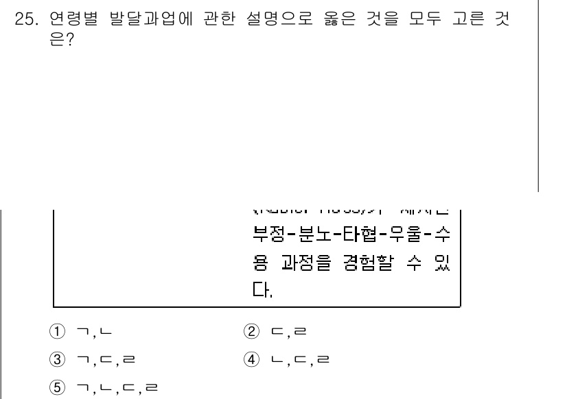 사회복지사_1급(1교시) 2018년 25번 - 정답 3번은 연령별 발달과업에서 부정, 분노, 타협, 우울, 수용의 단계... 에 관한 핵심 기출문제