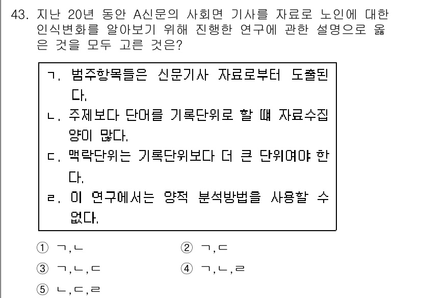 사회복지사_1급(1교시) 2018년 43번 - 정답 2번은 주제보다 단어를 기초로 할 데이터를 수집하는 것이 보다 정확... 에 관한 핵심 기출문제
