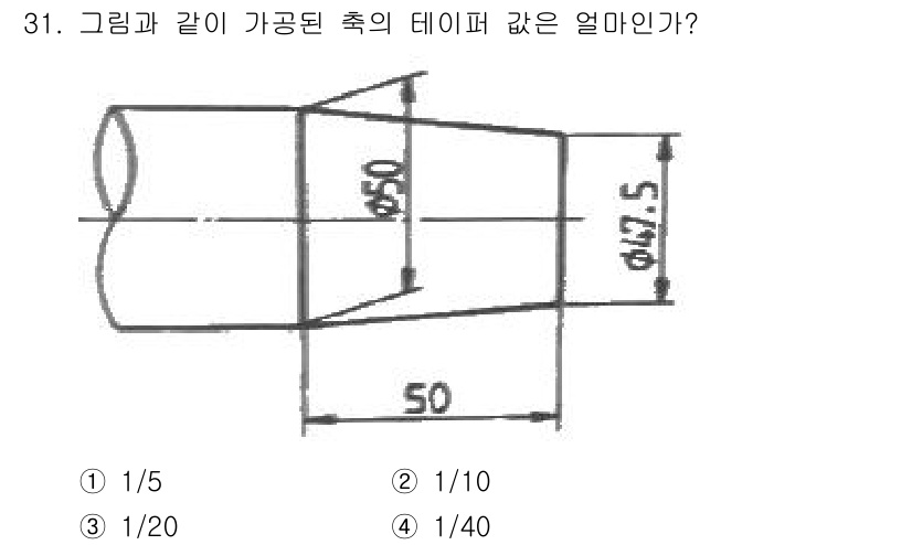 기계설계산업기사 2018년 31번 - 정답 3번, 1/40인 이유는 테이퍼 비율이 길이 대비 직경 변화로 계산... 에 관한 핵심 기출문제