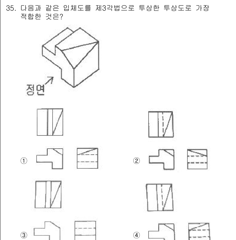 기계설계산업기사 2018년 35번 - 주어진 입체도는 특정 방향에서의 형상을 나타내며, 투상도로 변환할 때 해... 에 관한 핵심 기출문제
