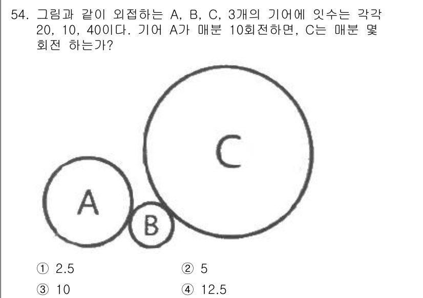 기계설계산업기사 2018년 54번 - 문제에서 기어 A가 매분 10회전할 때, 기어 B와 C의 회전수를 구하려... 에 관한 핵심 기출문제
