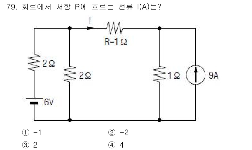 전기기사 2018년 79번 - 회로에서 저항 R(1Ω)에 흐르는 전류 I를 구하기 위해, 키르히호프의 ... 에 관한 핵심 기출문제