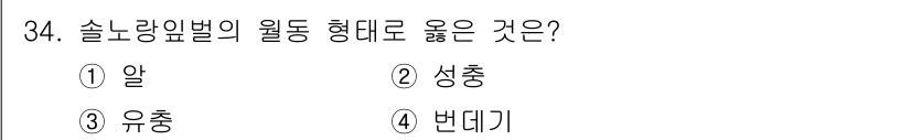 산림기사 2018년 34번 - 정답은 1. 알입니다. 솔노랑벌의 월동 형태는 주로 성충으로, 알은 월동... 에 관한 핵심 기출문제
