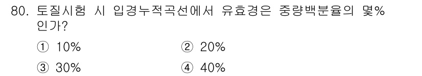 산림기사 2018년 80번 - 토질시험에서 유효경은 중량백분율의 40%로 설정되며, 이는 입경 누적곡선... 에 관한 핵심 기출문제