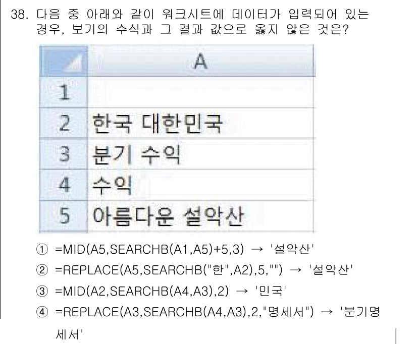 컴퓨터활용능력_1급 2018년 38번 - `=REPLACE(A2,SEARCH("합","대한민국"),5,"")`는 ... 에 관한 핵심 기출문제