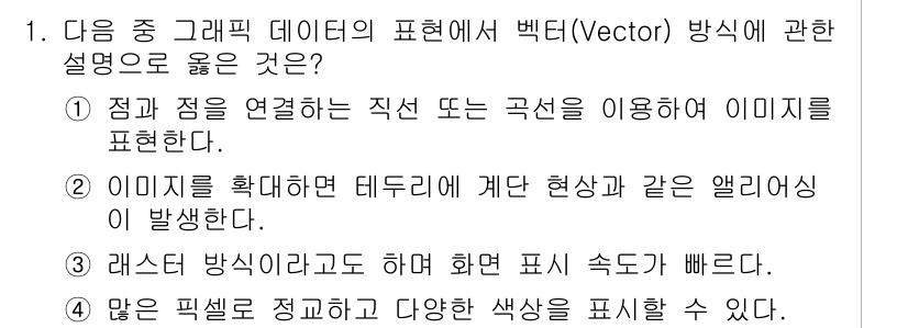 컴퓨터활용능력_2급 2018년 1번 - 벡터 방식은 선형 그래픽스에서 점과 점을 연결하여 이미지를 형성하는 방식... 에 관한 핵심 기출문제
