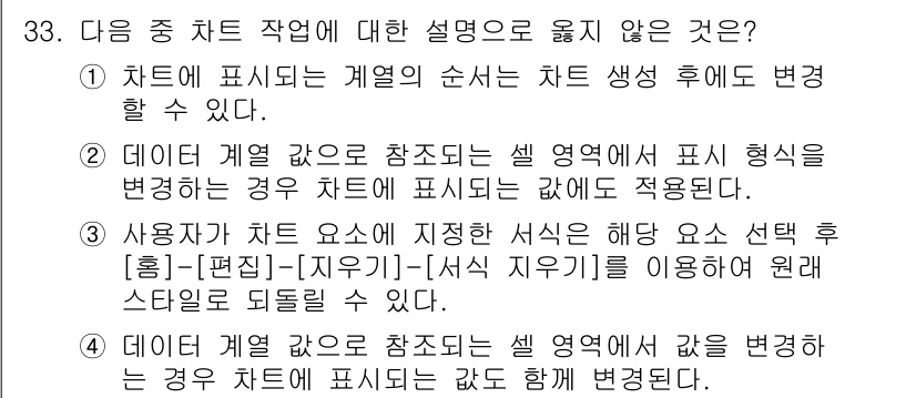 컴퓨터활용능력_2급 2018년 33번 - 차트는 데이터의 변동을 시각적으로 표현하는 도구로, 데이터 값이 변화하면... 에 관한 핵심 기출문제