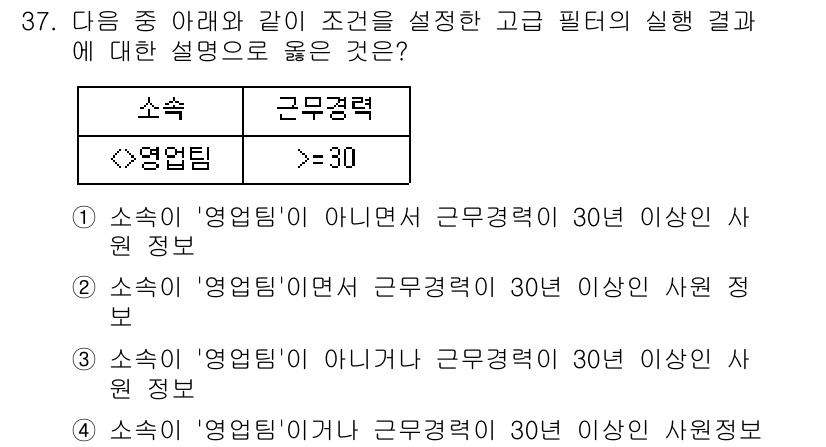 컴퓨터활용능력_2급 2018년 37번 - 고급 필드의 조건 설정에서 "영업팀"이 아니면서 30년 이상의 근무 경력... 에 관한 핵심 기출문제