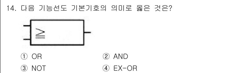 설비보전산업기사 2018년 14번 - 정답은 ① OR입니다. 기능선도에서 "OR"는 두 입력 신호 중 하나 이... 에 관한 핵심 기출문제