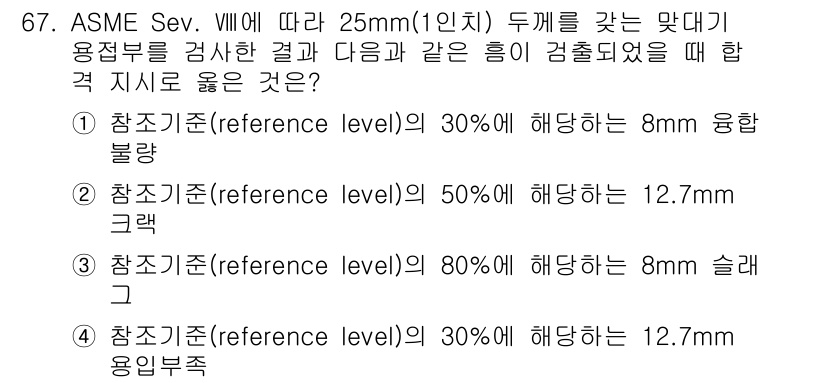 초음파비파괴검사기사(구) 2018년 67번 - 주어진 질문은 ASME Sev. VIII에 따른 두께가 25mm인 조각에... 에 관한 핵심 기출문제