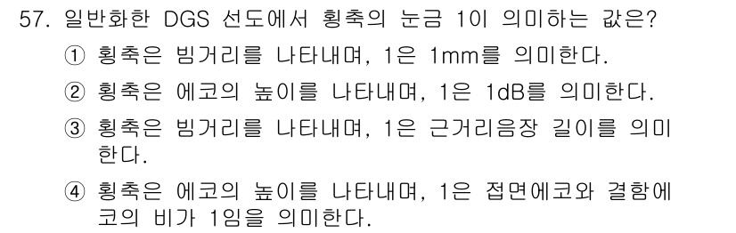 초음파비파괴검사기사 2018년 57번 - 일반적인 DGS(Digital Gain Simulator)에서 "횡축의 ... 에 관한 핵심 기출문제