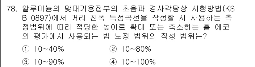 초음파비파괴검사기사 2018년 78번 - 알루미늄의 특성에 따른 초음파 검사에서, 거리 진동 횡선이 적정한 높이 ... 에 관한 핵심 기출문제