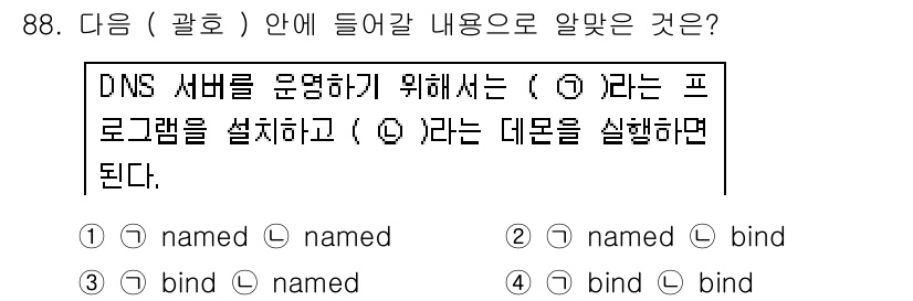 리눅스마스터_1급 2018년 88번 - . 

DNS 서버를 운영하기 위해서는 'named'라는 프로그램을 설치... 에 관한 핵심 기출문제