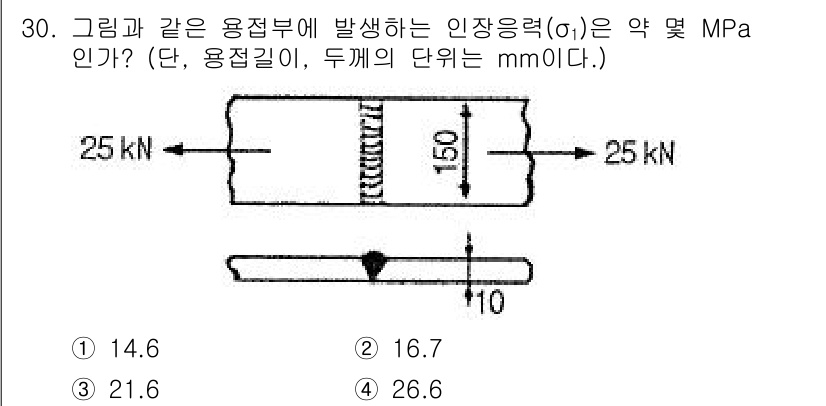 용접산업기사 2018년 30번 - 주어진 하중과 단면적을 이용하여 인장응력을 계산합니다. 이 문제에서는 양... 에 관한 핵심 기출문제