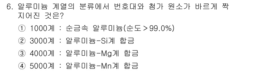 용접산업기사 2018년 6번 - 1000계 알루미늄 합금은 순도가 99.0% 이상인 순수 알루미늄을 포함... 에 관한 핵심 기출문제