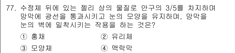 컬러리스트기사 2018년 77번 - . 유리체

유리체는 눈의 중심부를 채우고 있는 투명한 겔 같은 물질로,... 에 관한 핵심 기출문제