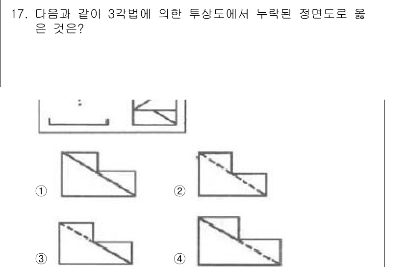 조경산업기사 2018년 17번 - 선택지를 보면, 3번의 선이 누락된 정면도와 모습이 일치하며, 3각형의 ... 에 관한 핵심 기출문제