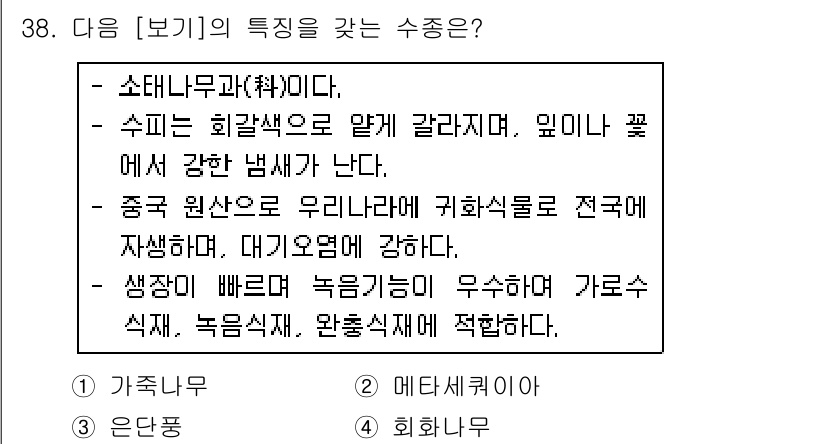 조경산업기사 2018년 38번 - 회화나무는 중국 원산지로 주로 관상용으로 재배되며, 특유의 푸른 잎과 아... 에 관한 핵심 기출문제