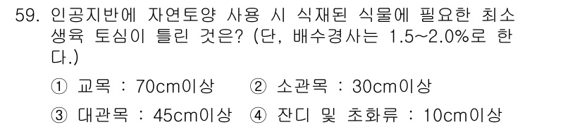 조경기사 2018년 59번 - 인공지반에서 자연토양을 사용할 때 식재된 식물에 필요한 최소 생육 두께는... 에 관한 핵심 기출문제