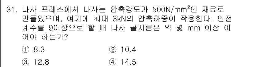 컴퓨터응용가공산업기사 2018년 31번 - 압축강도가 500 N/mm²로 주어졌고, 최대 하중이 3 kN입니다. 안... 에 관한 핵심 기출문제