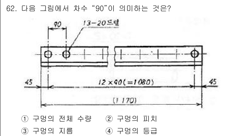 컴퓨터응용가공산업기사 2018년 62번 - 정답은 3번 '구멍의 등급'입니다. 도면에서 "90"은 구멍의 등급과 관... 에 관한 핵심 기출문제