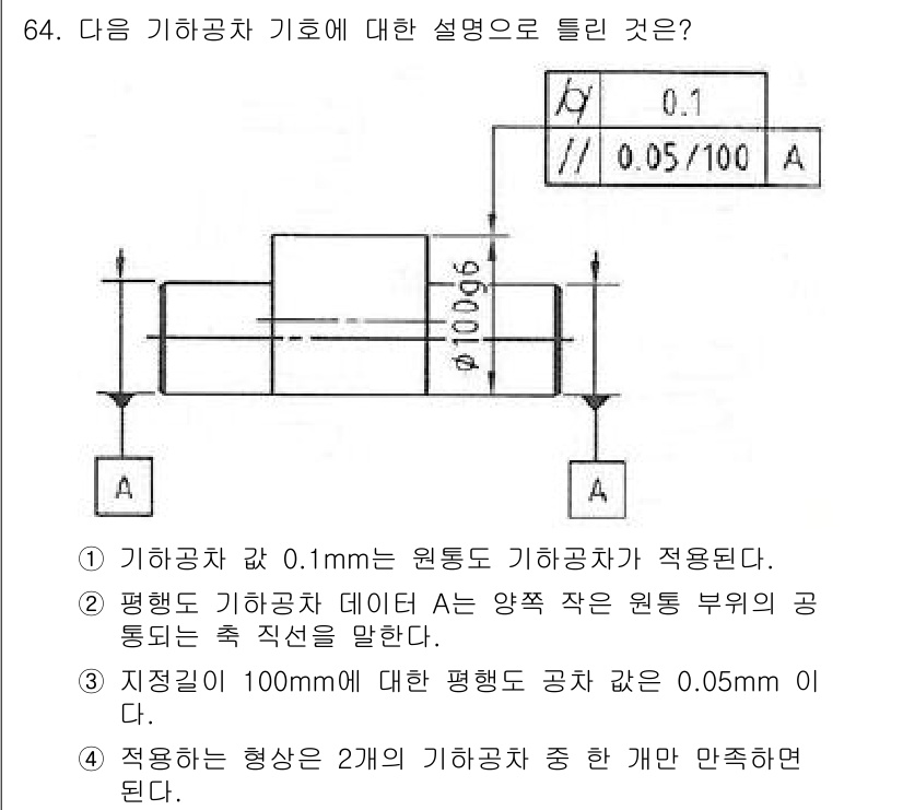 컴퓨터응용가공산업기사 2018년 64번 - 정답 3번은 기하공차 설명에 대해 올바르게 서술하고 있습니다. 기하공차는... 에 관한 핵심 기출문제