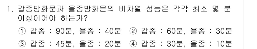 소방설비기사(기계분야) 2018년 1번 - 갑종방화문은 최소 60분의 내열 성능이 요구되며, 을종방화문은 최소 30... 에 관한 핵심 기출문제