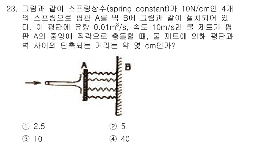 소방설비기사(기계분야) 2018년 24번 - 질문에 주어진 스프링 상수와 물체의 속도, 물체의 부피를 고려하면, 스프... 에 관한 핵심 기출문제