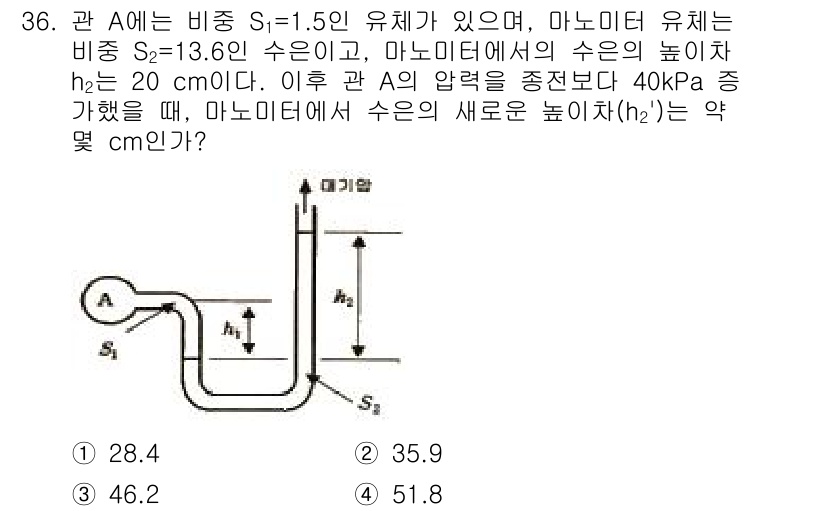 소방설비기사(기계분야) 2018년 37번 - 주어진 조건을 이용해 관 A에서의 압력 변화와 유체의 높이 변화를 계산하... 에 관한 핵심 기출문제