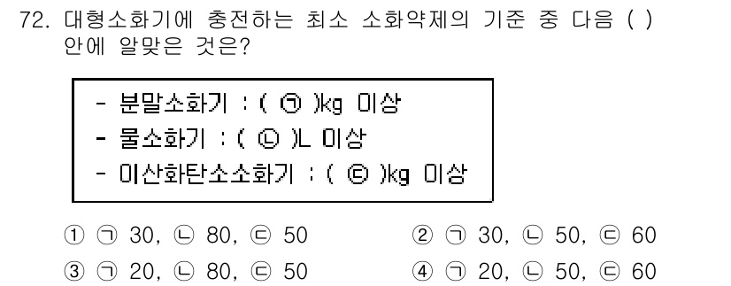 소방설비기사(기계분야) 2018년 73번 - 소방설비기계 분야에서는 대형소화기에 필요한 최소 소화약제의 기준을 이해하... 에 관한 핵심 기출문제