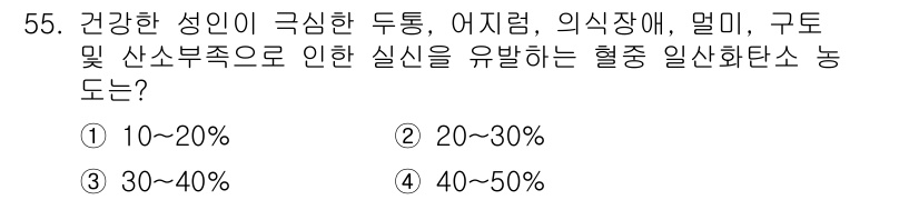 화재감식평가기사 2018년 55번 - 설명: 건강한 성인이 극심한 두통, 어지러움 등의 증상을 겪는 경우, 혈... 에 관한 핵심 기출문제