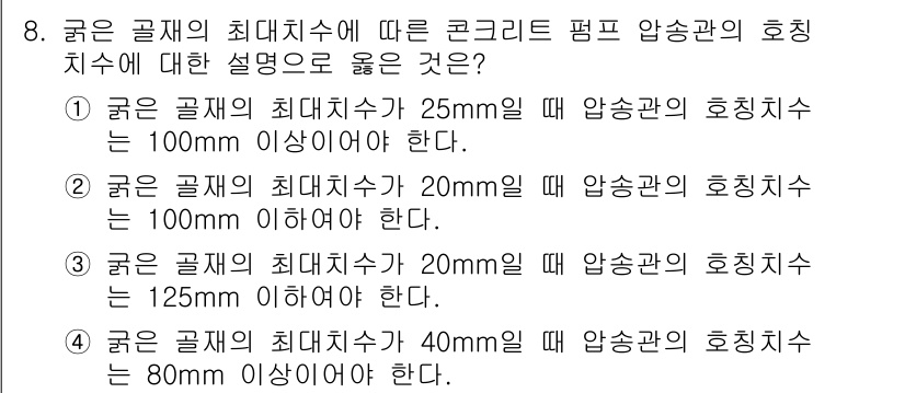 건설재료시험기사 2018년 8번 - 건축 자재의 최대치수에 따라 호칭치수가 결정되며, 호칭치수는 100mm ... 에 관한 핵심 기출문제