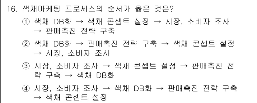 컬러리스트산업기사 2018년 16번 - 정답인 2번은 색채 마케팅 프로세스의 순서가 소비자 조사와 색채 컨셉 설... 에 관한 핵심 기출문제