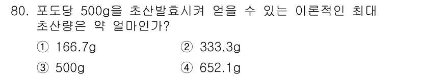 식품산업기사(구) 2018년 80번 - 초산발효시커의 이론적 최대 초산량은 포도당 1g에서 약 0.51g의 초산... 에 관한 핵심 기출문제