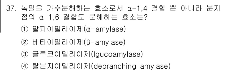 식품산업기사 2018년 37번 - α-amylase는 α-1,4 결합을 분해하는 효소로, 전분 및 다른 다... 에 관한 핵심 기출문제