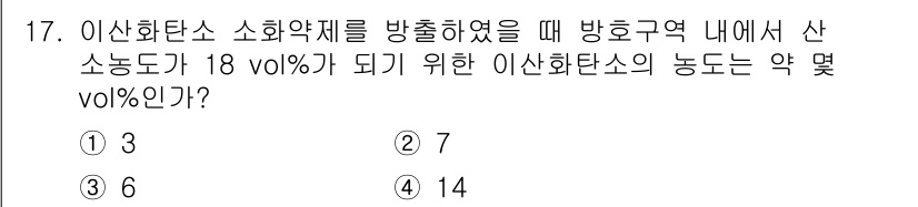소방설비산업기사(기계) 2018년 17번 - 이산화탄소 소화약제를 방출할 때, 방호구역에서 산소농도가 18 vol%가... 에 관한 핵심 기출문제