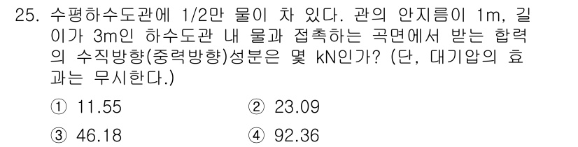 소방설비산업기사(기계) 2018년 25번 - 수평하수도관에 1/2만 물이 차 있다는 것은 관의 내부에서 물의 압력을 ... 에 관한 핵심 기출문제