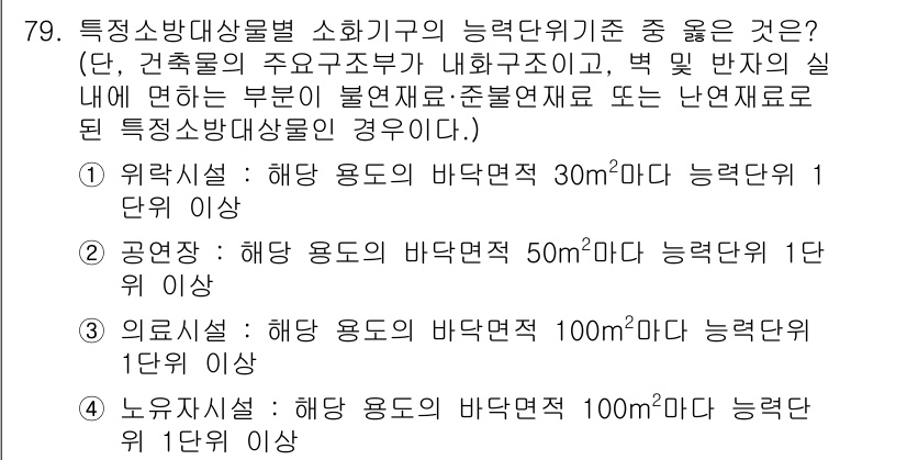 소방설비산업기사(기계) 2018년 79번 - 정답 4번은 "해당 용도의 바닥면적 100㎡ 이상, 능력 준위 1단위 이... 에 관한 핵심 기출문제