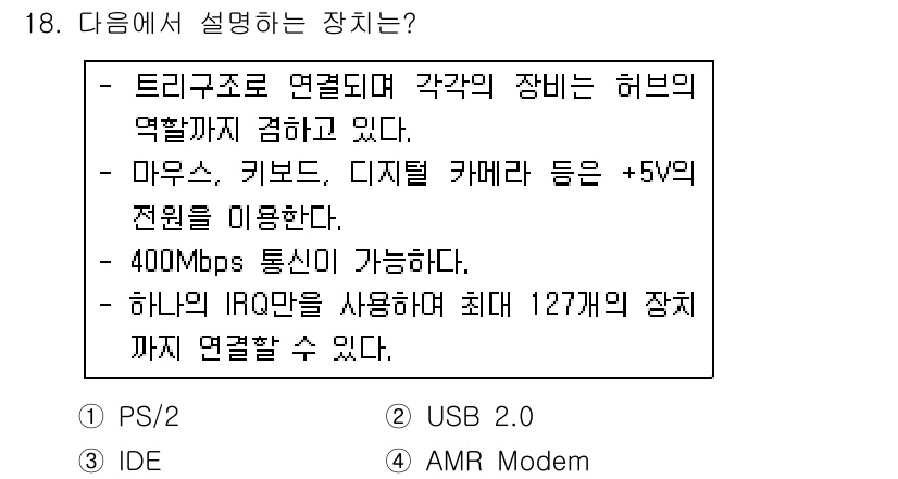 PC정비사_1급 2018년 18번 - 정답은 2번 USB 2.0입니다. USB 2.0은 최대 127개의 장치를... 에 관한 핵심 기출문제