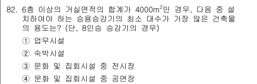 실내건축산업기사 2018년 81번 - 정답은 3번, "문화 및 집회시설 중 전시장"입니다. 6층 이상의 가설면... 에 관한 핵심 기출문제