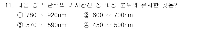시각디자인산업기사 2015년 11번 - 정답은 3입니다. 노란색은 가시광선의 570nm에서 590nm 범위에 해... 에 관한 핵심 기출문제