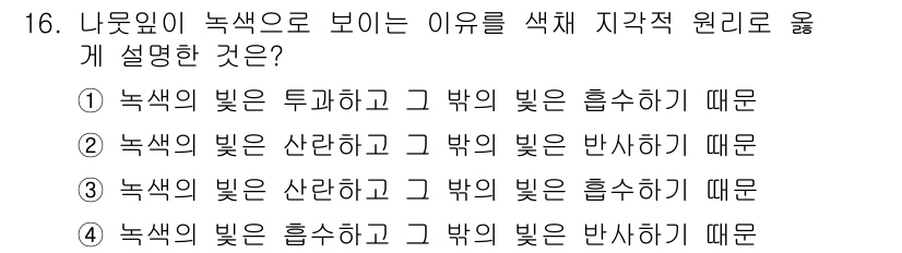 시각디자인산업기사 2015년 16번 - 나무잎이 녹색으로 보이는 이유는 녹색의 빛을 흡수하지 않고 반사하기 때문... 에 관한 핵심 기출문제