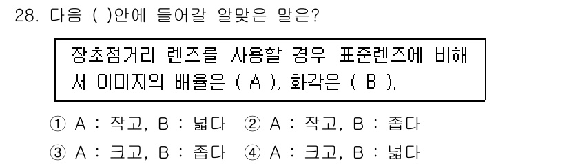 시각디자인산업기사 2017년 28번 - 장초점거리 렌즈를 사용할 경우 이미지의 배율이 작아야 하고, 화각은 넓어... 에 관한 핵심 기출문제