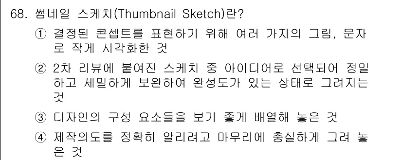 시각디자인산업기사 2017년 68번 - 썸네일 스케치는 여러 가지 아이디어를 시각적으로 표현하는 간단한 스케치를... 에 관한 핵심 기출문제