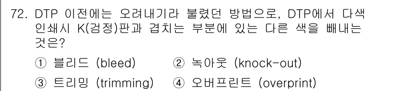 시각디자인산업기사 2018년 72번 - 정답은 4번 '오버프린트(overprint)'입니다. 오버프린트는 두 개... 에 관한 핵심 기출문제