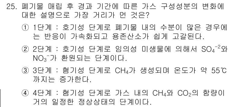 폐기물처리산업기사 2015년 25번 - 호기성 분해는 미생물의 활동에 의해 SO₄²⁻와 NO₃⁻가 원활히 분해되... 에 관한 핵심 기출문제