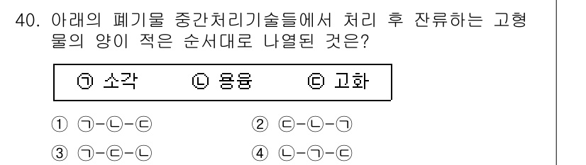 폐기물처리산업기사 2015년 40번 - 소각, 용융, 고화의 순서에서 각각의 처리 방식은 잔류물의 물리적 성질에... 에 관한 핵심 기출문제