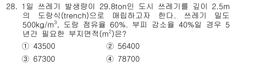 폐기물처리산업기사 2018년 28번 - 문제에서 주어진 도시 쓰레기의 발생량을 바탕으로 부피를 계산하고, 도랑의... 에 관한 핵심 기출문제